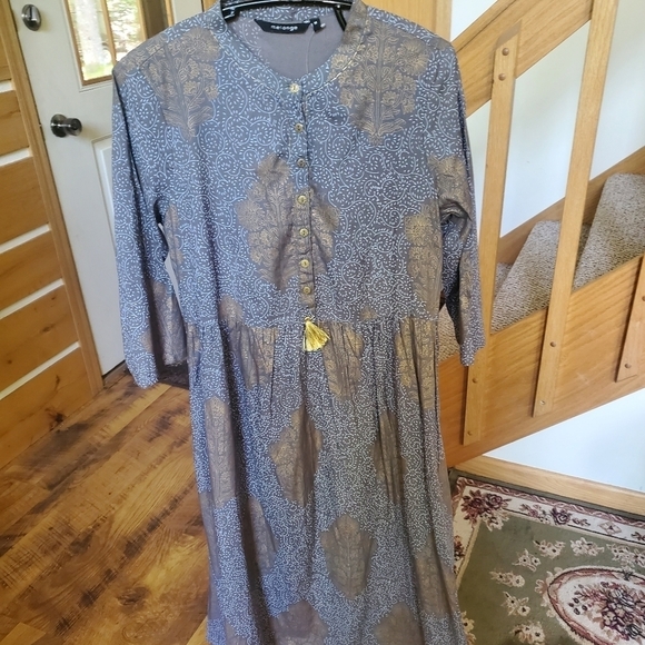 Melange Ladies Kurta Grey & Gold Midi Sz. M Dress w Pockets & Tassel Embroidered - Picture 1 of 13